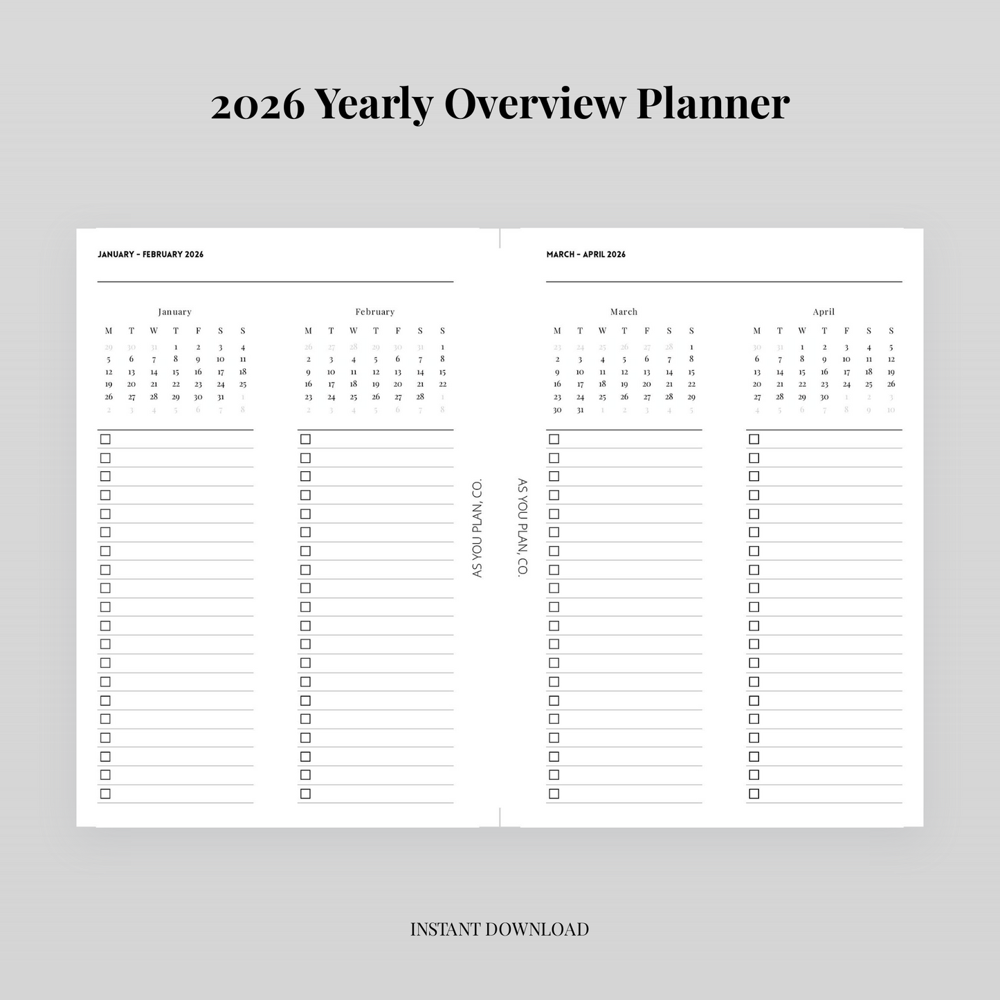 2026 Yearly Overview Planner | Minimal Year at a Glance Calendar Printable (Digital Download)
