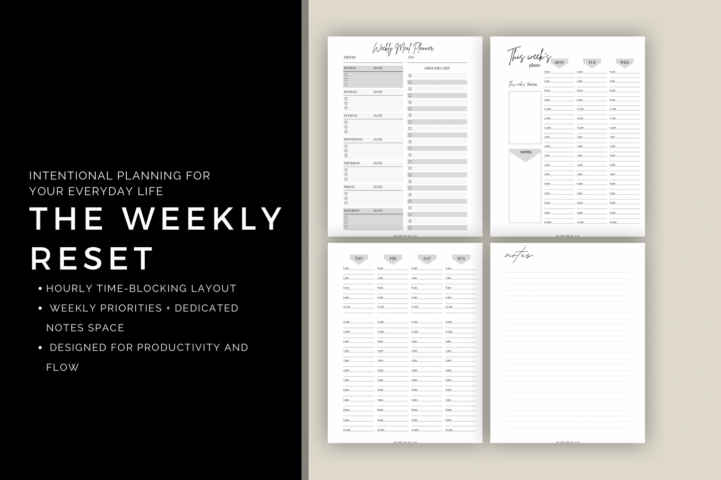 The Weekly Reset Minimal Planner Inserts | A5 Weekly Time Blocking + Meal Planner Pages