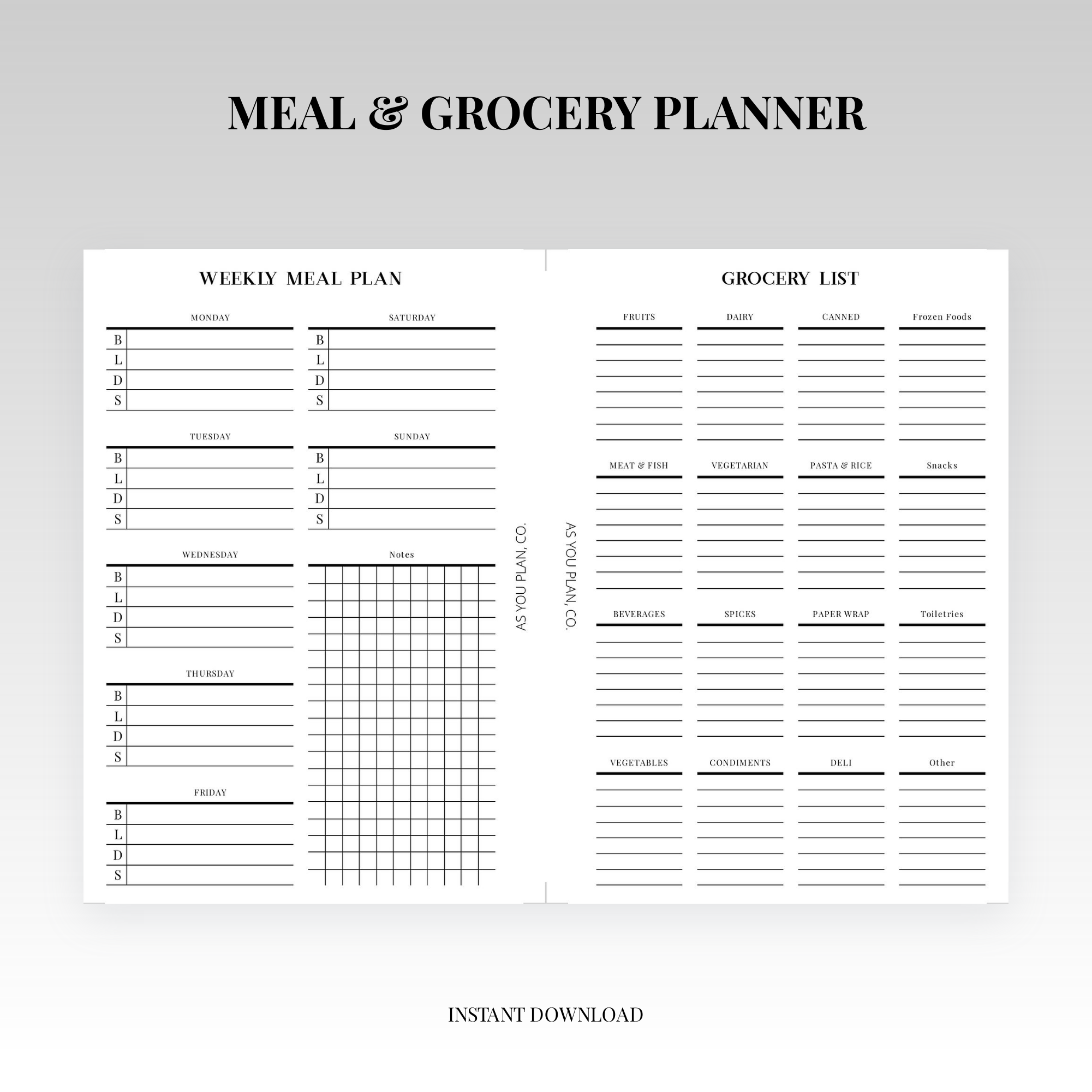 Grocery List & Weekly Meal Planner | Letter & A5 Printable Planner Ins ...