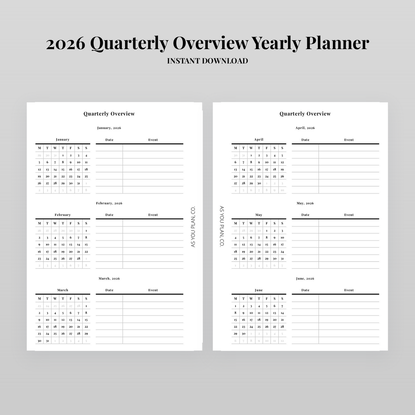 2026 Quarterly Overview Planner | A5 and Letter Printable Insert with Cut Lines (Digital Download)