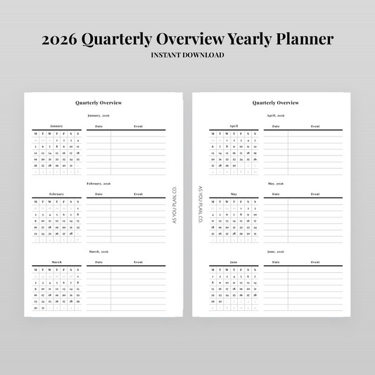 2026 Quarterly Overview Planner | A5 and Letter Printable Insert with Cut Lines (Digital Download)