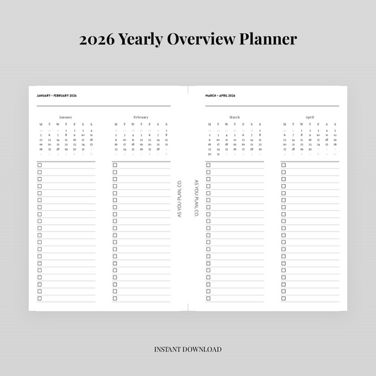 2026 Yearly Overview Planner | Minimal Year at a Glance Calendar Printable (Digital Download)