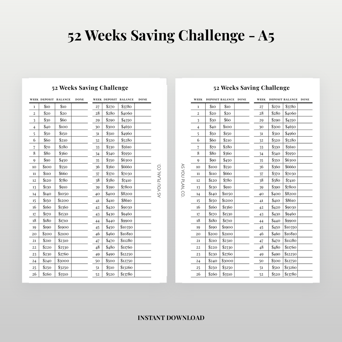 52 Week Savings Challenge | A5 and Letter Printable Tracker (Digital Download)