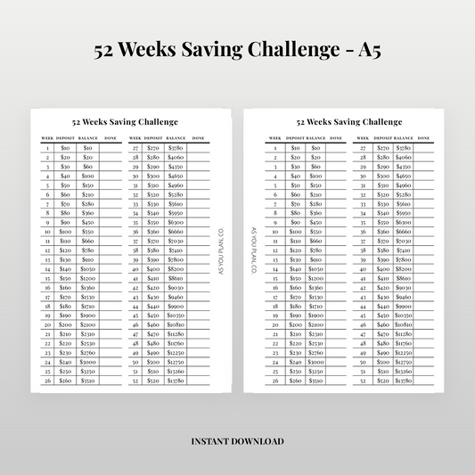 52 Week Savings Challenge | A5 and Letter Printable Tracker (Digital Download)