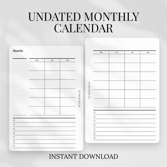 Undated Monthly Planner | Printable A5 PDF with Cut Lines
