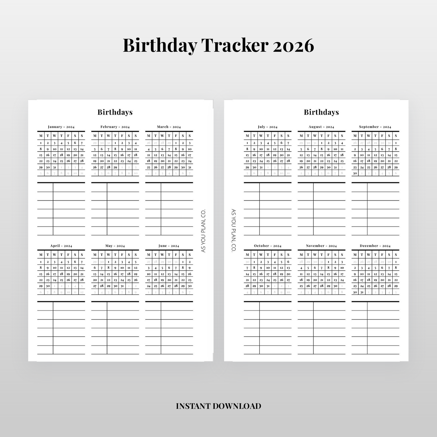Birthday Tracker Insert | A5 and Letter Printable Planner Page with Cut Lines (Digital Download)