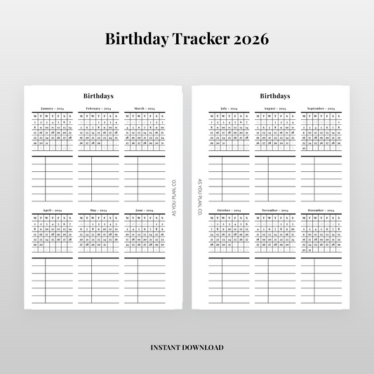 Birthday Tracker Insert | A5 and Letter Printable Planner Page with Cut Lines (Digital Download)