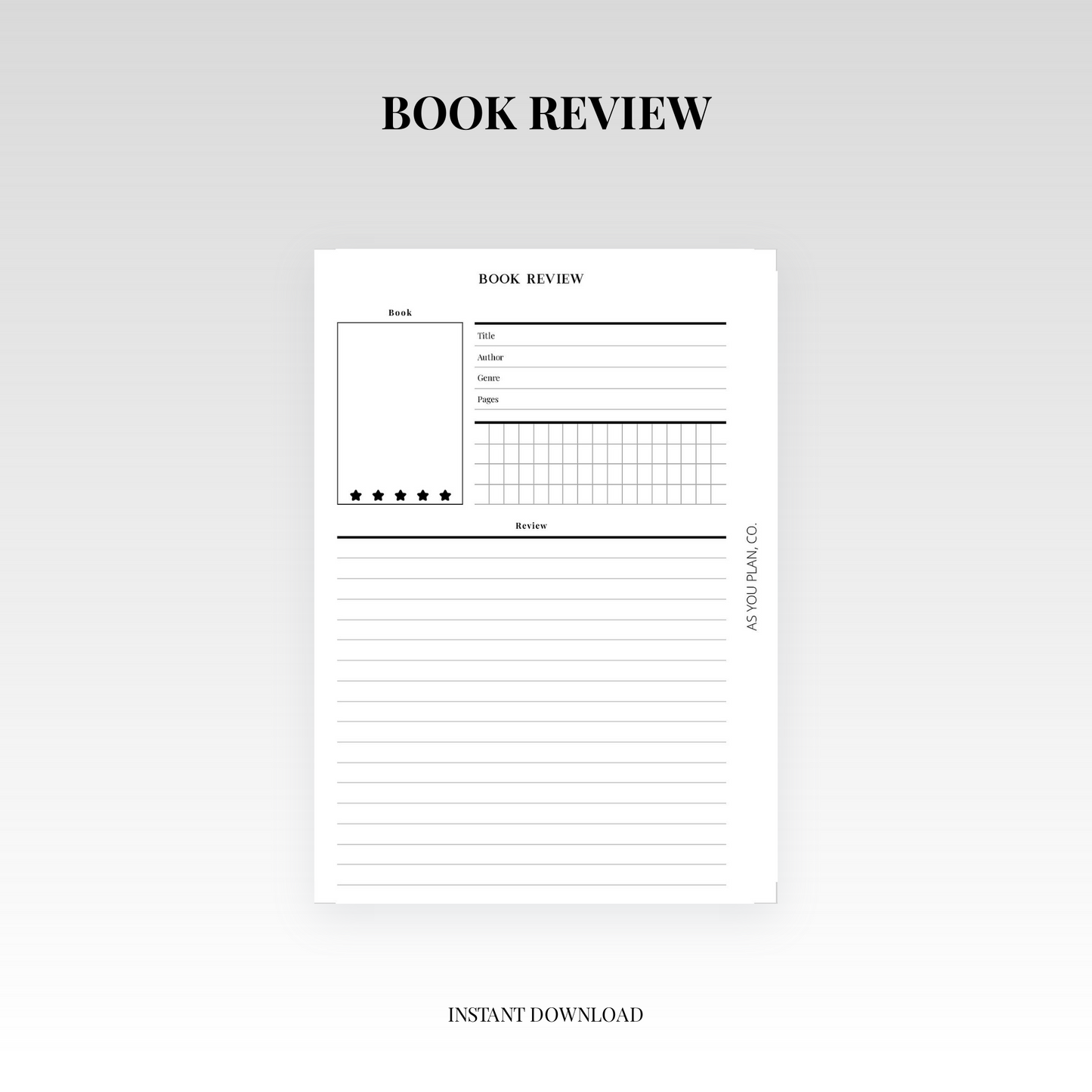 Book Review Planner Insert | A5 & Letter Size Printable Reading Journal Page (Digital Download)