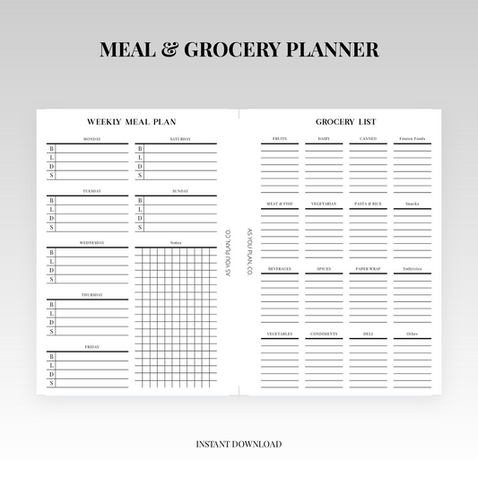 Grocery List & Weekly Meal Planner | Letter & A5 Printable Planner Insert (Digital Download)